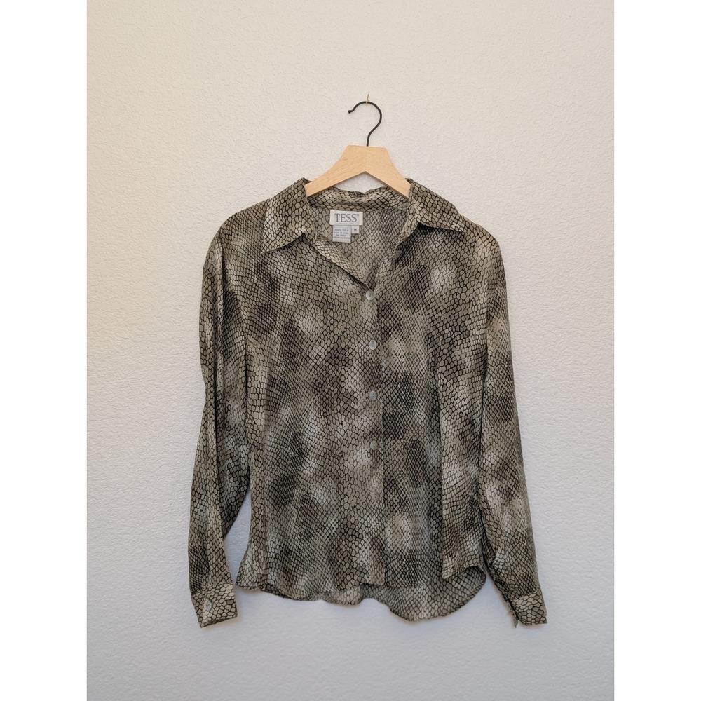 TESS 100% Silk Snakeskin Animal Print Button Down Blouse M